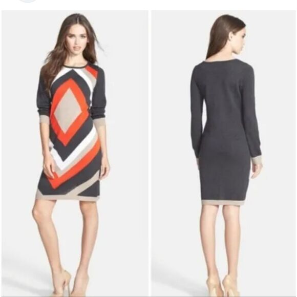 Long Sleeve Sweater Dress Women's Diamond Tri Color - Picture 2 of 3